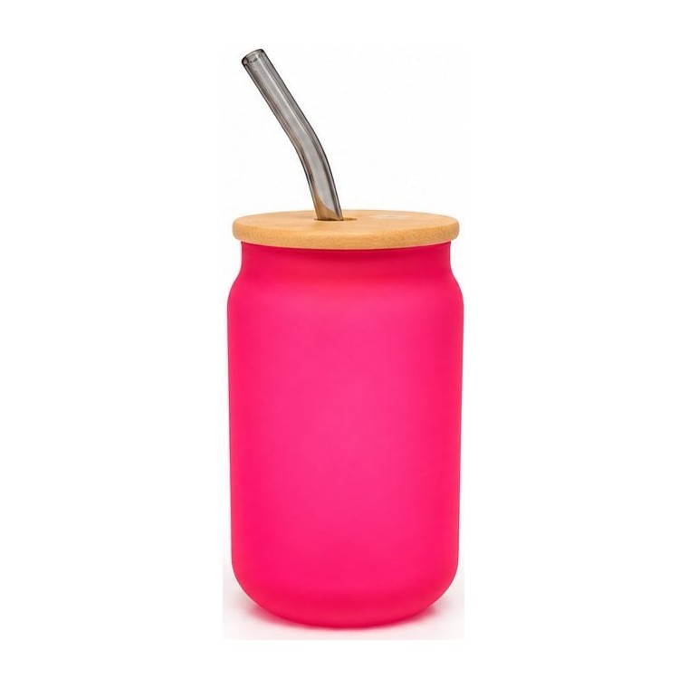 Vaso de vidrio 16 oz con tapa de bambú y popote